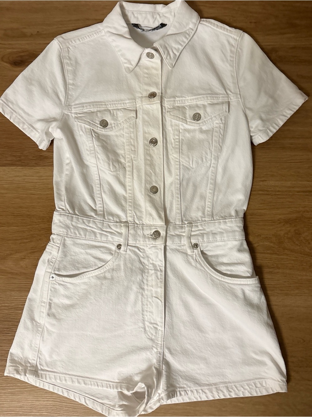 Zara White Short-Sleeve Denim Romper